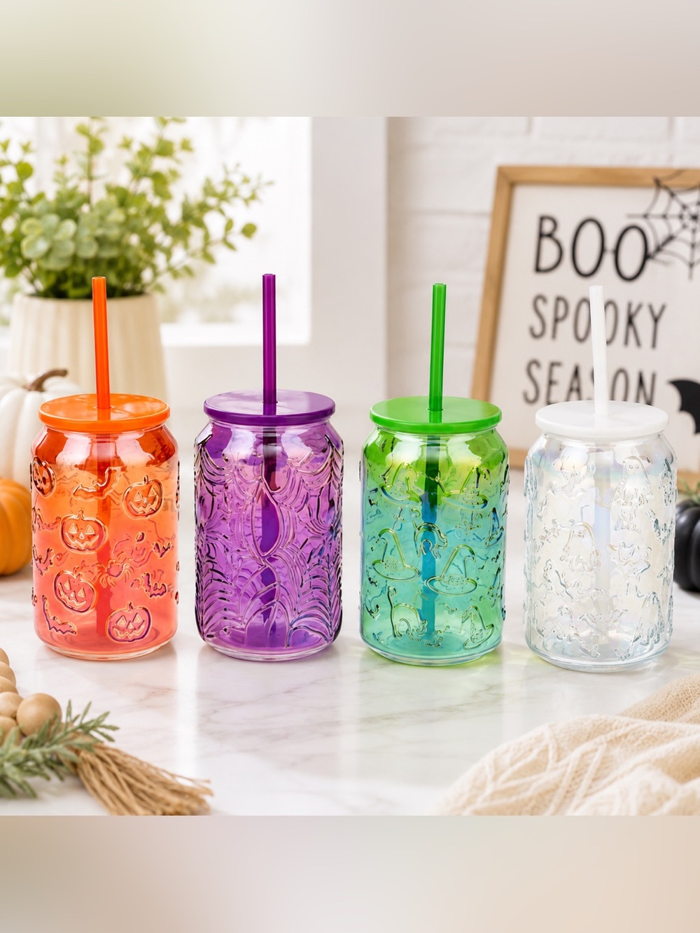 NEW Halloween Embossed Glass Tumblers Set of 4 Pumpkin Ghost Witch Spider